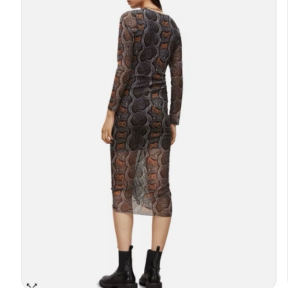 All Saints Norma Ruched Mesh Midi Dress Size 10 Snake Print - Picture 5 of 10